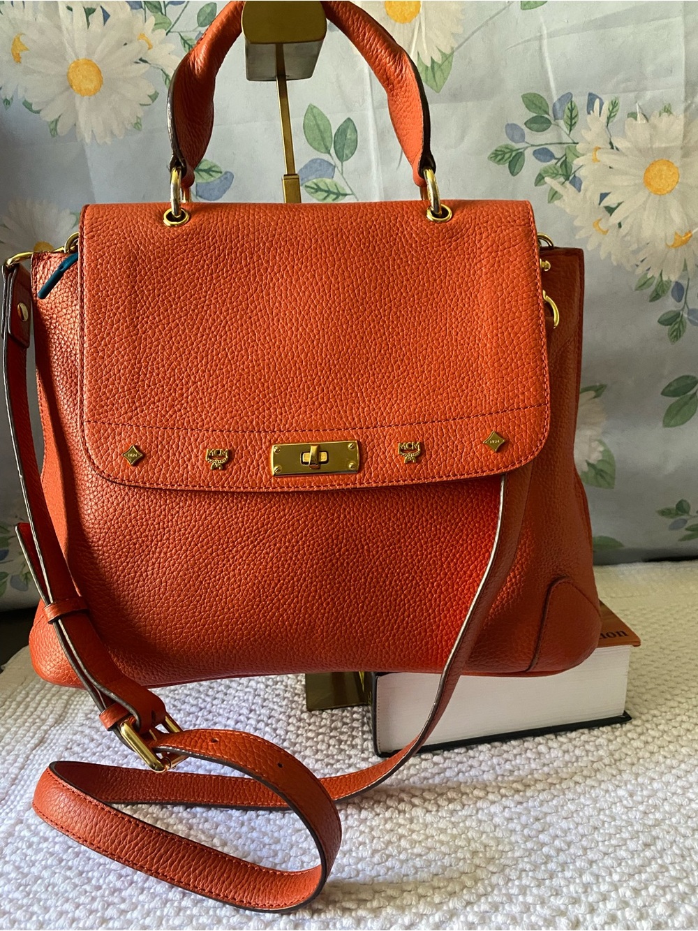 MCM Orange Pebbled Leather Top-Handle Satchel with Gold Hardware